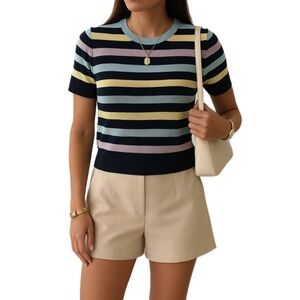 Studio‎ G Striped Short Sleeve Silk Knit Top